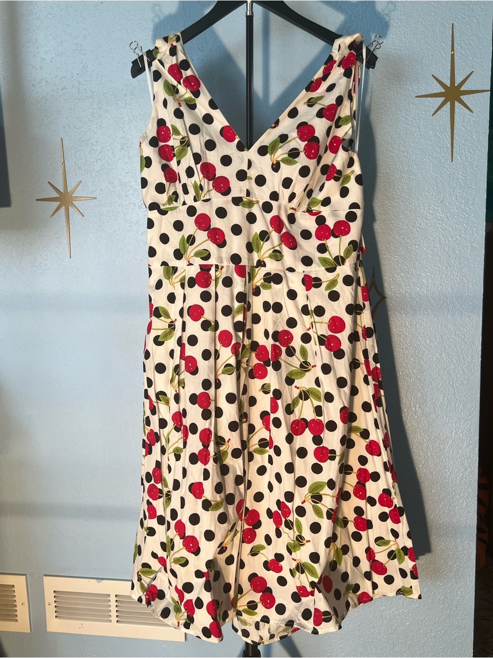 Tatyana White Polka Dot Cherry Print V‑Neck Halter Dress
